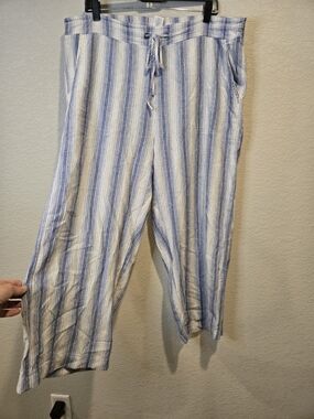 Westport Woman 1X Striped Linen Blend Crop Pants Blue White Drawstring Pockets